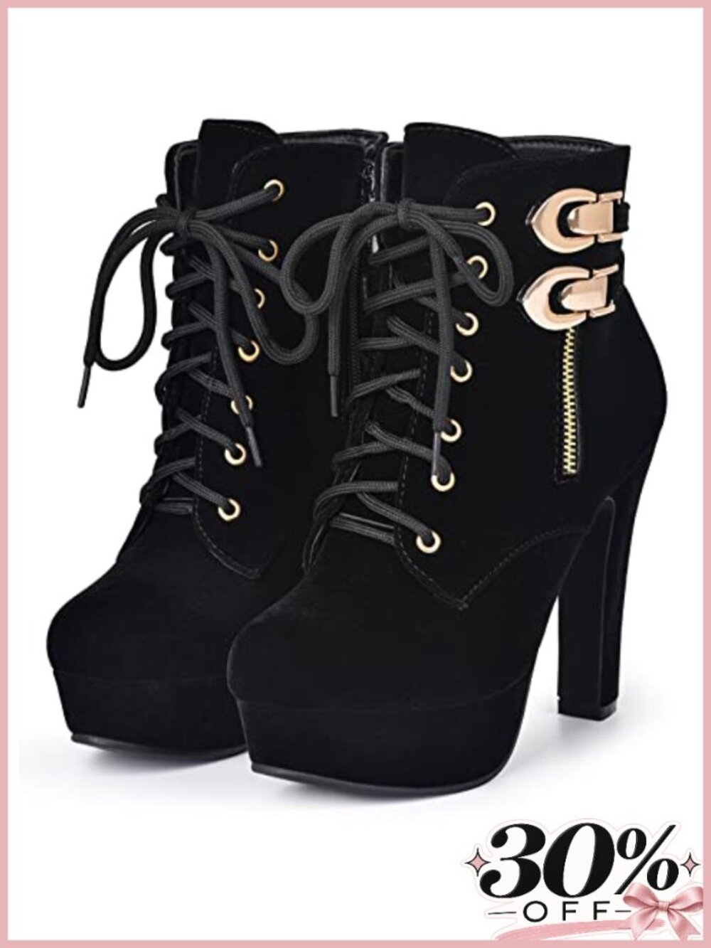 Women's Platform High Heel Ankle Boots Round Toe Lace Up Chunky Heel